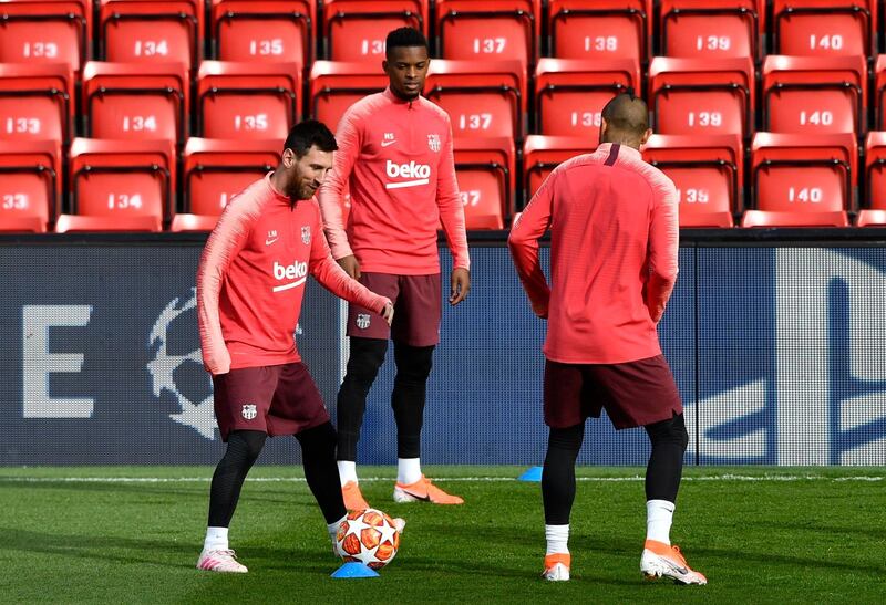 Lionel Messi takes part in training at Anfield ahead of the Uefa Champions League semi-final, second leg against Liverpool. EPA