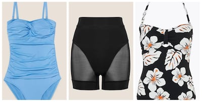 Tummy Control Multiway Bandeau Swimsuit, Dh185; Firm Control Anti Chafe Shorts, Dh85; Tummy Control Floral Bandeau Top, Dh125, all marksandspencerme.com. Courtesy Marks & Spencer