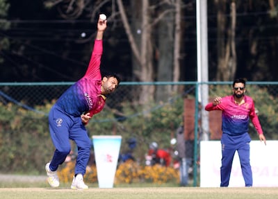 Hazrat Bilal bowls during the UAE's first ODI against Nepal at TU Cricket Stadium on on November 14, 2022. Photo: Subas Humagain