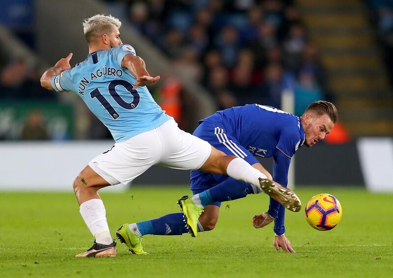 Sergio Aguero of Manchester City battles for possession with James Maddison of Leicester City. Getty Images