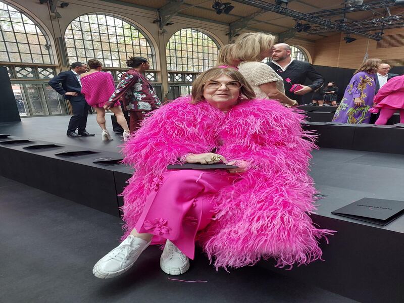 At Valentino, a woman in a Pink PP feathered coat.