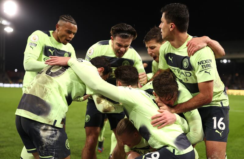 34) City players celebrate after Haaland scores the only goal in the Premier League win against Crystal Palace at Selhurst Park on March 11, 2023. Getty