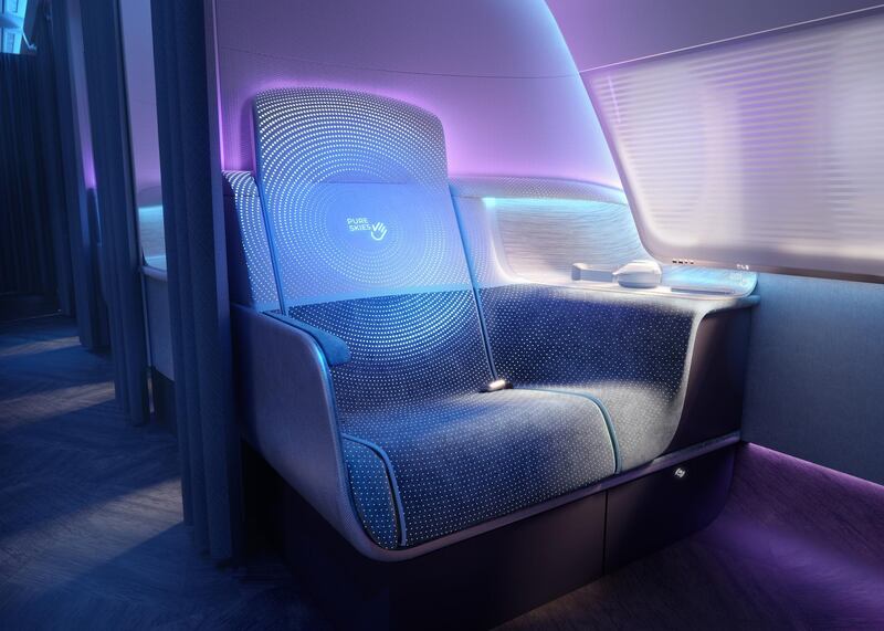 The Pure Skies concept re-imagines business and economy class cabins for a post-pandemic travel industry – while moving away from the notion of “class” altogether and instead introducing “rooms” and “zones”. Courtesy PriestmanGoode