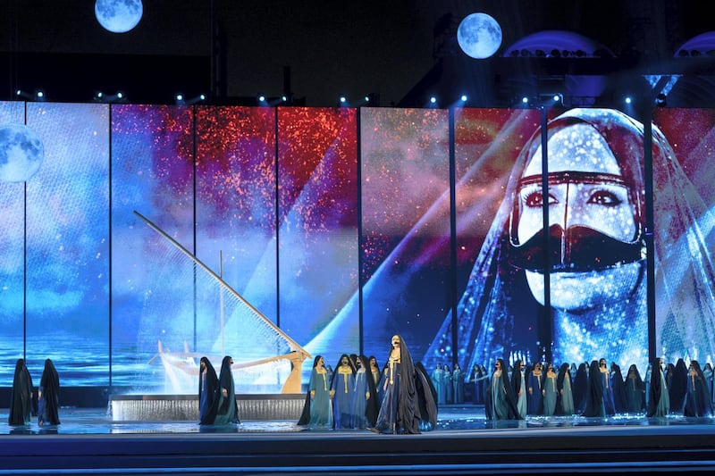 ABU DHABI, UNITED ARAB EMIRATES - December 02, 2019: Performers participate in a show titled ‘Legacy of Our Ancestors’, during the 48th UAE National Day celebrations, at Zayed Sports City.

( Abdullah Al Junaibi for the Ministry of Presidential Affairs )
---