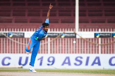 Sharjah, UAE, January 4, 2014:

India and Pakistan are competing for FIFA's U-19 Cricket Championship.

Seen here bowling for India is Avesh Khan.
 Lee Hoagland/The National
