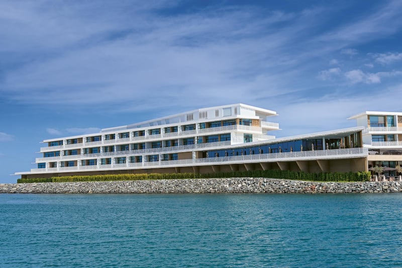 The exterior of the hotel is shaped like a boat. Bulgari Resort Dubai 