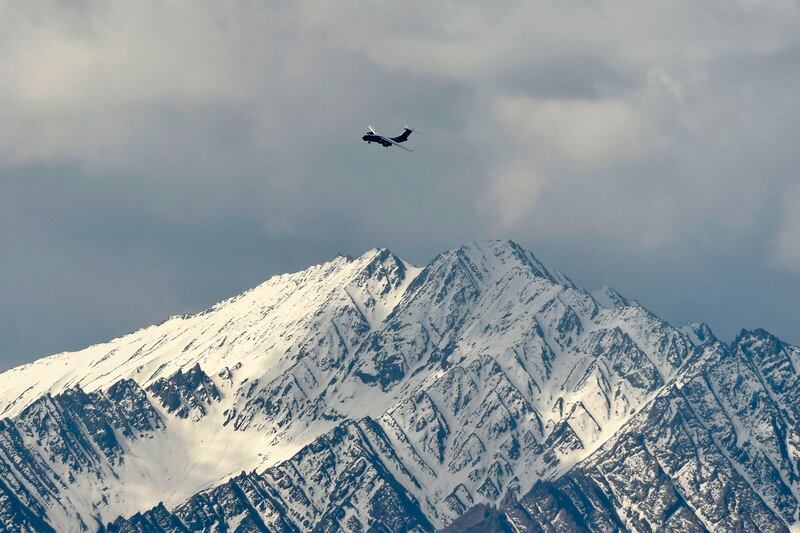 An Indian Air Force aircraft flies over Leh, the joint capital of the union territory of Ladakh. AFP