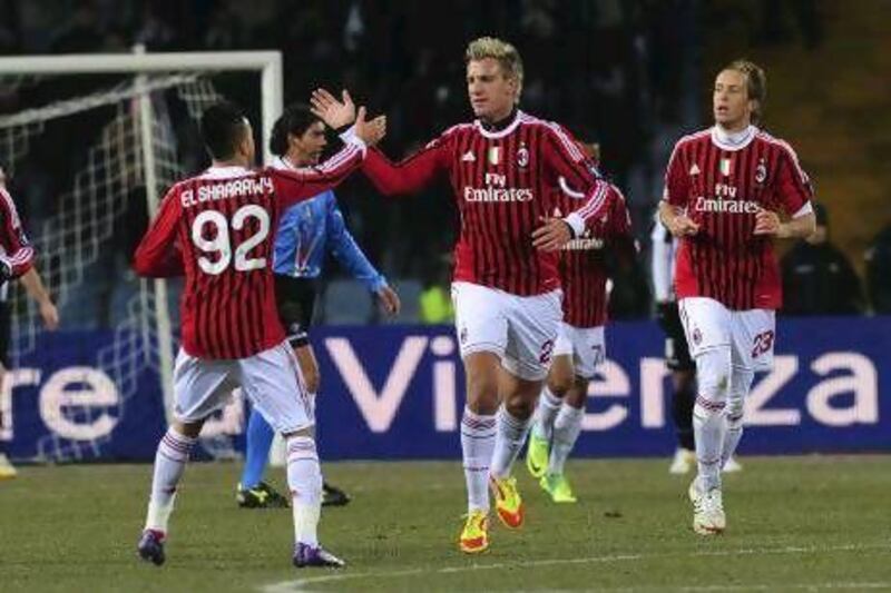 AC Milan’s Maxi Lopez, centre, might not make the starting XI tonight, but his goal and assist in the win against Udinese at the weekend has assured him in the squad.
