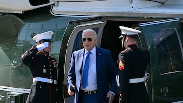 US President Joe Biden steps off Marine One in Chicago, Illinois, on May 8, 2024. AFP