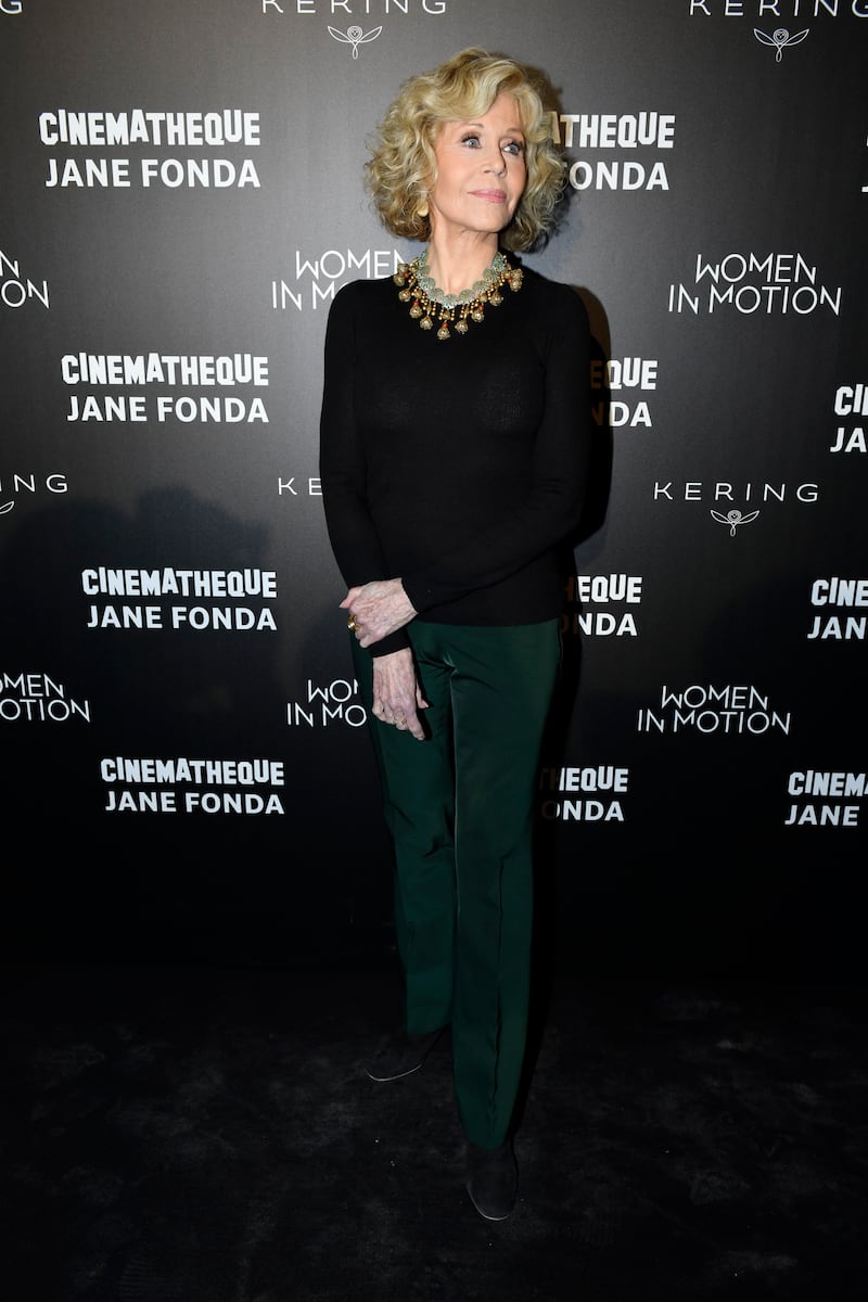 Jane Fonda, in a black sweater and green trousers, at the Kering Women In Motion Master Class With Jane Fonda, in Paris on October 22, 2018.