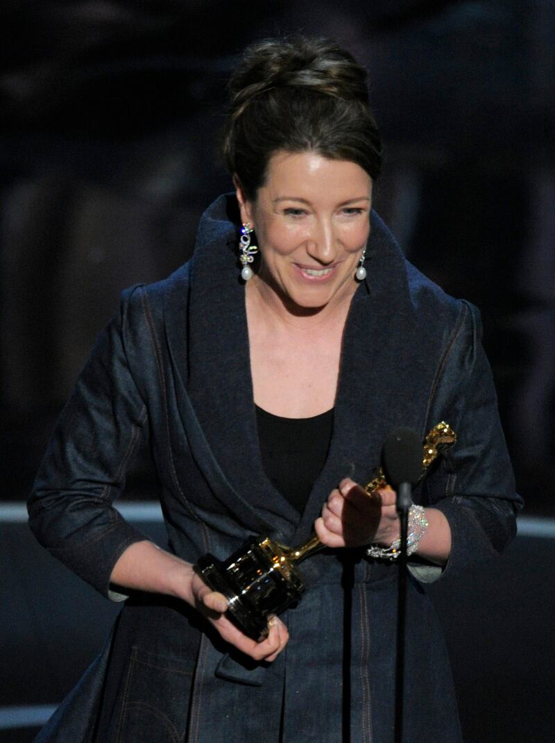 Jacqueline Durran accepts the award for best costume design for "Anna Karenina" during the Oscars at the Dolby Theatre on Sunday Feb. 24, 2013, in Los Angeles.  (Photo by Chris Pizzello/Invision/AP) *** Local Caption ***  85th Academy Awards - Show.JPEG-02eac.jpg