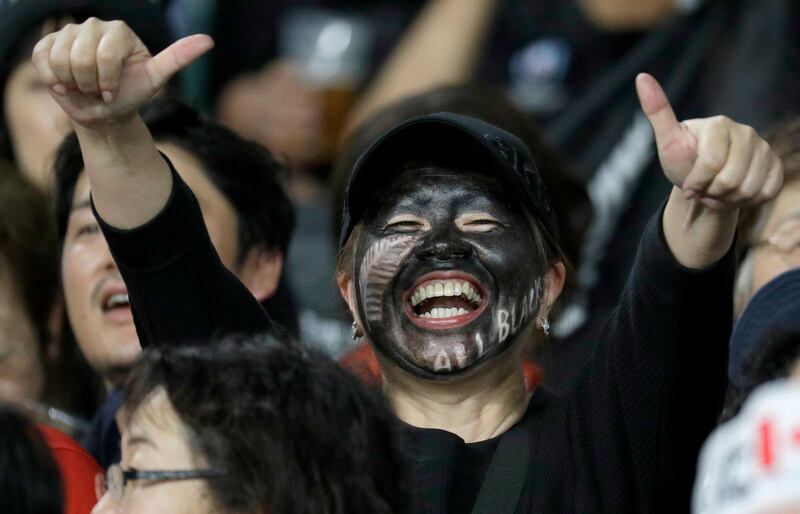 A All Blacks fan gestures ahead of the Rugby World Cup Pool B game at Oita Stadium between New Zealand and Canada in Oita, Japan. AP Photo