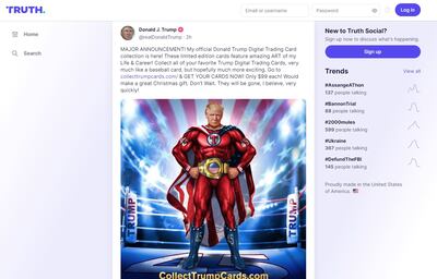 Donald Trump announces launch of NFT digital trading card collection. Photo: Truth Social