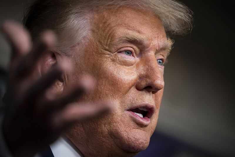 U.S. President Donald Trump speaks during a news conference in the James S. Brady Press Briefing Room at the White House in Washington D.C., U.S., on Monday, Aug. 31, 2020. Trump plans to travel to Kenosha, Wisconsin on Tuesday, where two people were killed last week during protests against the police-involved shooting of a 29-year-old Black man. Photographer: Al Drago/Bloomberg