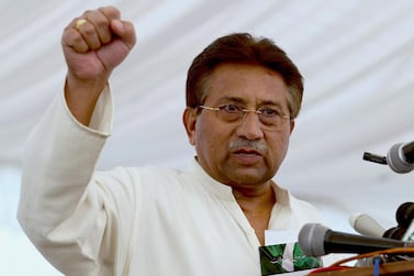 In this April 15, 2013, file photo, Pakistan's former President and military ruler Pervez Musharraf addresses his party supporters at his house in Islamabad, Pakistan. File