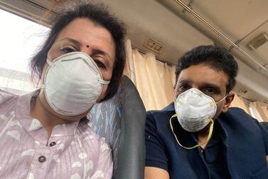 Dr JS Rajkumar and his wife Dr Chitrakala on their way to an isolation centre in Dubai's Warsan area. Courtesy: Dr Rajkumar