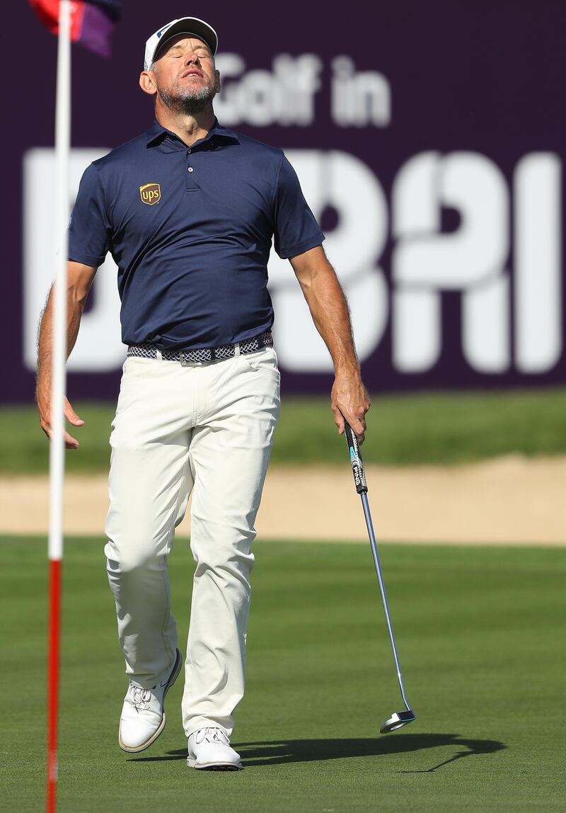 Englanhd's Lee Westwood looks to the heavens after missing a putt on the eighteenth as he carded an opening round 69. Getty