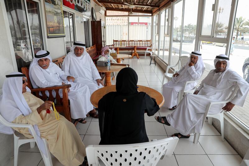 Sharjah, United Arab Emirates - February 27th, 2018: A group of UAE senior citizens discussing the early days of the UAE to mark the 50 year anniversary of the beginning of discussion to form a Union. Tuesday, February 27th, 2018. Sharjah. Chris Whiteoak / The National
