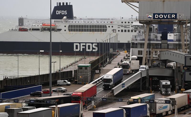 epa08893302 Freight trucks disembark ferries at Dover Port in Dover, Britain, 19 December 2020. Britain and the EU continue to negotiate a post-Brexit trade deal as the current Brexit transition period will end on 31 December.  EPA/ANDY RAIN