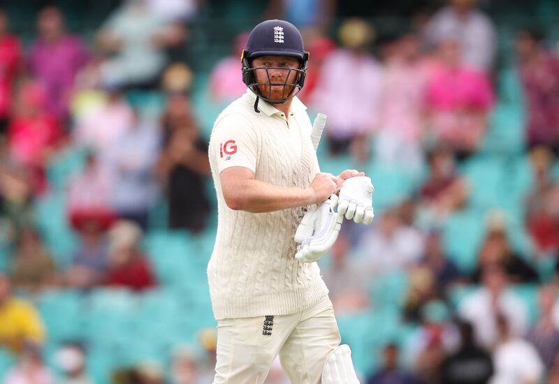 England's Jonny Bairstow reacts as he walks off the ground after being dismissed on day five of the fourth Ashes cricket test between Australia and England at the Sydney Cricket Ground (SCG) on January 9, 2022.  (Photo by DAVID GRAY  /  AFP)