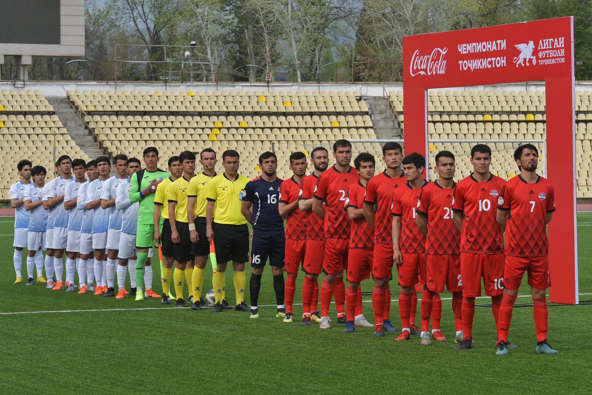 Teams line up before the match Tajikistan Major League match between FC Lokomotiv-Pamir v FC Fayzkand in Dushanbe, Tajikistan. The league kicked off on Sunday continue despite the global coronavirus outbreak. Reuters
