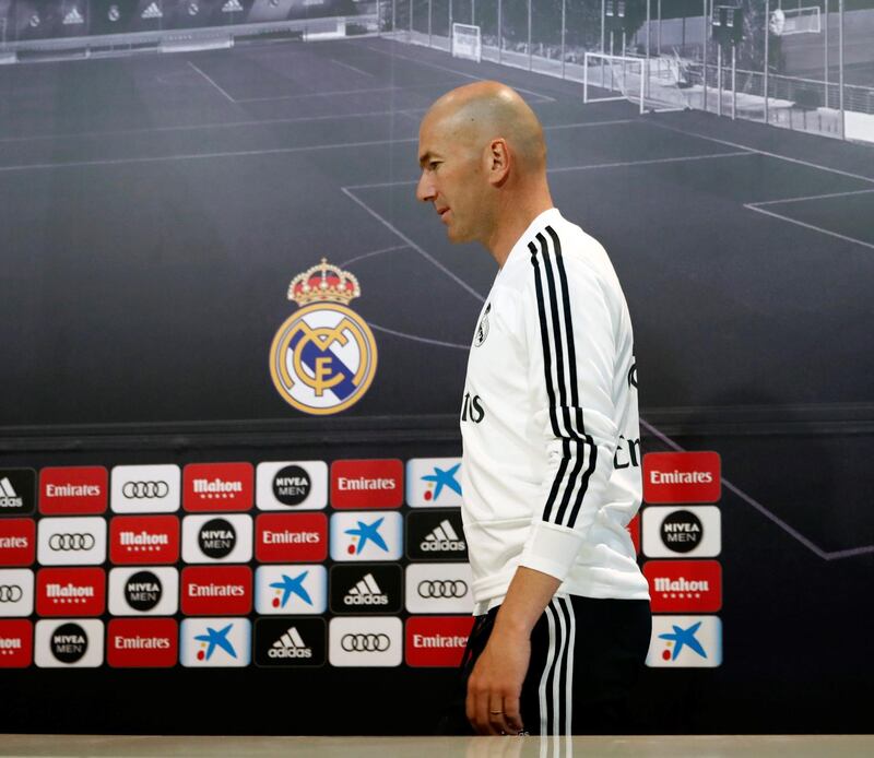 Real Madrid's French head coach, Zinedine Zidane, holds a press conference after the team's training session ahead of La Liga match against Real Sociedad on Sunday. EPA