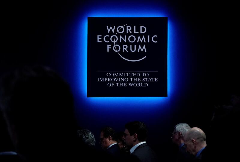 A logo of the World Economic Forum (WEF) is seen as people attend WEF annual meeting in Davos, Switzerland January 24, 2018.  REUTERS/Denis Balibouse