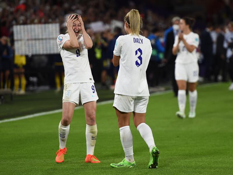 England's Ellen White and Rachel Daly celebrate. EPA