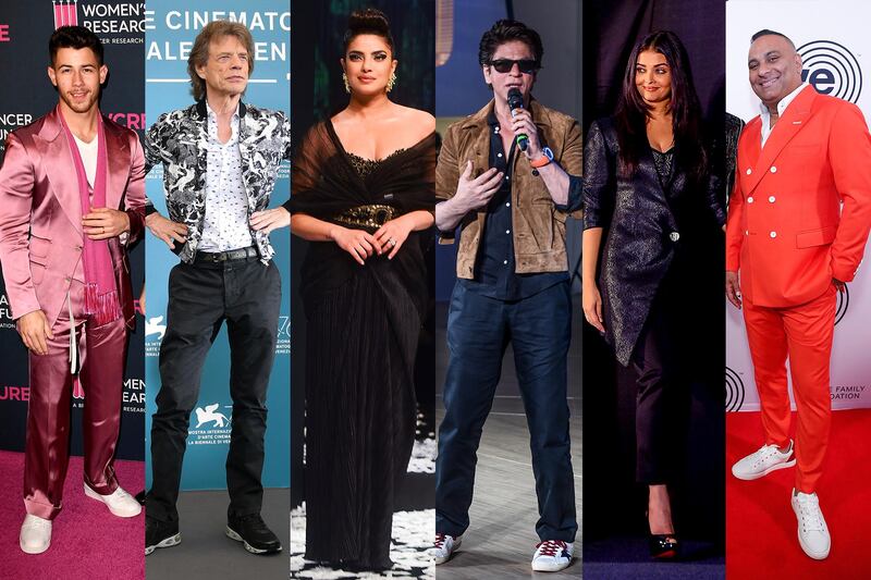 Stars taking part in the iFor India relief concert include, from left to right, Nick Jonas, Mick Jagger, Priyanka Chopra, Shah Rukh Khan, Aishwarya Rai Bachchan and Russell Peters