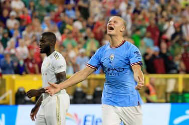 GREEN BAY, WISCONSIN - JULY 23: Erling Haaland of Manchester City reacts during the pre-season friendly match between Bayern Munich and Manchester City at Lambeau Field on July 23, 2022 in Green Bay, Wisconsin.    Justin Casterline / Getty Images / AFP
