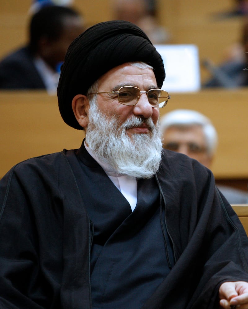 FILE-- In this April 22, 2009, file photo, Iran's judiciary chief and current head of Expediency Council Ayatollah Mahmoud Hashemi Shahroudi attends a conference in Tehran, Iran. Iran's state TV is reporting that Shahroudi, head of the Expediency Council advisory body to the country's Supreme Leader, has died at the age of 70. The Monday, Dec. 24, 2018, report said Shahroudi was long sick and hospitalized in north Tehran. Reportedly, he was suffering from gastrointestinal cancer. (AP Photo/Vahid Salemi, File)