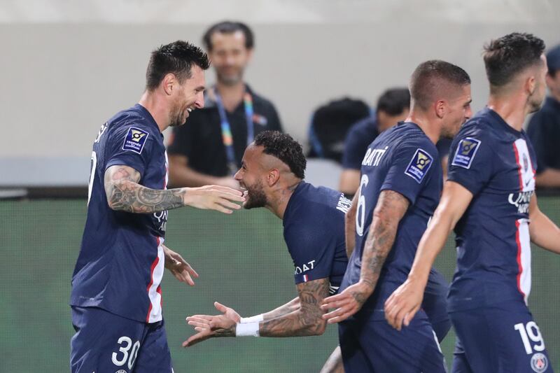 Lionel Messi (L) of Paris Saint-Germain celebrates with teammate Neymar Jr after scoring the opening goal during the French Super Cup match between Paris Saint-Germain and Nantes at Bloomfield stadium in Tel Aviv, Israel, 31 July 2022.   EPA / ABIR SULTAN EPA