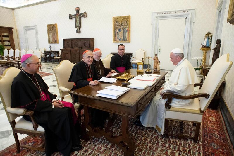 epa07017236 A handout photo made available by Vatican Media shows Pope Francis receiving in audience Cardinal Daniel DiNardo (2-R), Archbishop of Galveston-Houston, President of the Conference of Catholic Bishops of the USA, with Mons. Jose Horacio Gomez (R), Archbishop of Los Angeles, Card. Sean Patrick O'Malley, O.F.M. Cap., Archbishop of Boston; President of the Pontifical Commission for the Protection of Minors and Monsignor Brian Bransfield (L), Secretary General, at the Vatican, 13 September 2018.  EPA/VATICAN MEDIA HANDOUT  HANDOUT EDITORIAL USE ONLY/NO SALES