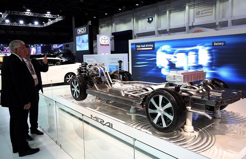 Dubai, 14, Nov, 2017: Toyota's first Hydrogen Fuel car Mirai  displayed at the Dubai International Motor Show in Dubai. Satish Kumar for the National / Story by Adam Workman