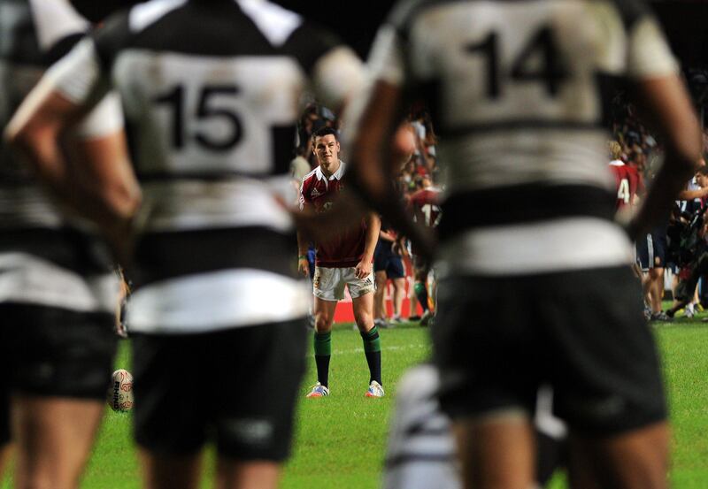 Johnny Sexton of the British and Irish Lions prepares to kick a goal against the Barbarians during their rugby union match in Hong Kong on June 1, 2013. AFP PHOTO / Dale de la Rey
 *** Local Caption ***  244400-01-08.jpg