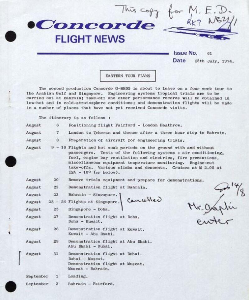 Concorde's July 1974 tour of the Middle East took it to Kuwait, Qatar, Abu Dhabi, Dubai and Bahrain, along with Singapore. Archive files reveal faltering attempts to interest ruling families in the project. Courtesy: Arabian Gulf Digital Archive