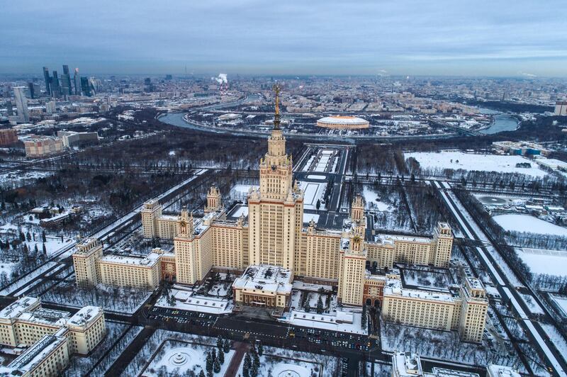 MOSCOW, RUSSIA - JANUARY 25, 2018: An aerial view of the main building of Lomonosov Moscow State University (front), University Square (back), Sparrow Hills, the Moscow River, the Moscow International Business Centre (L back), and Luzhniki Stadium (C back). Sergei Bobylev/TASS (Photo by Sergei Bobylev\TASS via Getty Images)