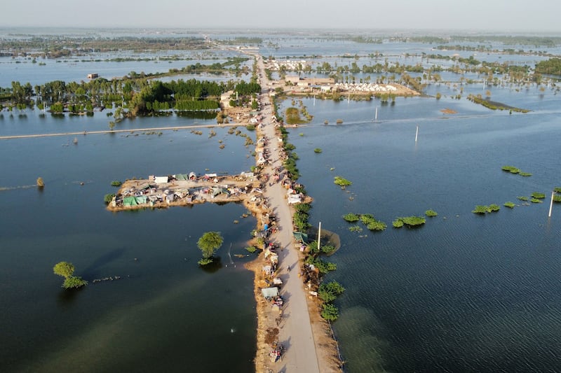 Aerial view of makeshift tents for people displaced due to flooding after heavy monsoon rains in Balochistan province in Pakistan, on September 4, 2022. AFP