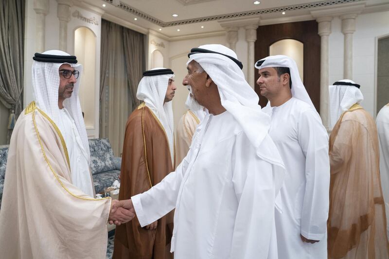 ABU DHABI, UNITED ARAB EMIRATES - June 04, 2019:  HH Sheikh Hamed bin Zayed Al Nahyan, Chairman of the Crown Prince Court of Abu Dhabi and Abu Dhabi Executive Council Member (L), greets a guest during an Eid Al Fitr reception, at Mushrif Palace.

( Eissa Al Hammadi for Ministry of Presidential Affairs )
---