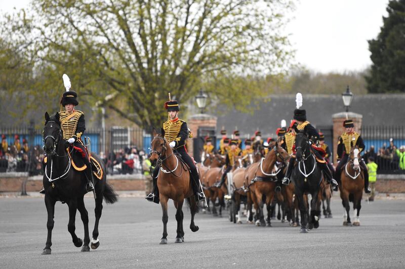 Members of the King’s Troop Royal Horse Artillery arrive at the Parade Ground, Woolwich Barracks, London. AFP