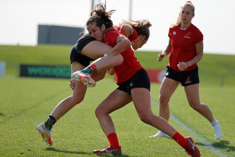 Femke Soens makes a tackle at training with Belgium, on a field at The Sevens that she knows well having grown up in Dubai. Photo: World Rugby