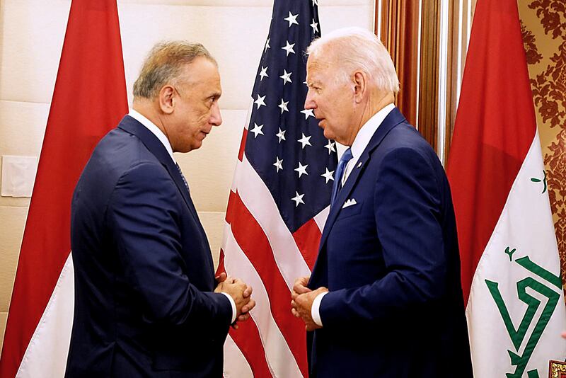 Iraqi Prime Minister Mustafa Al Kadhimi meets US President Joe Biden in Jeddah on July 16. AFP