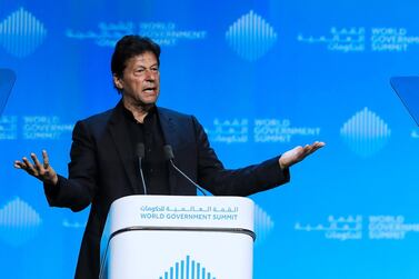 Prime Minister of Pakistan Imran Khan delivers a speech at the World Government Summit in Dubai. Victor Besa/The National