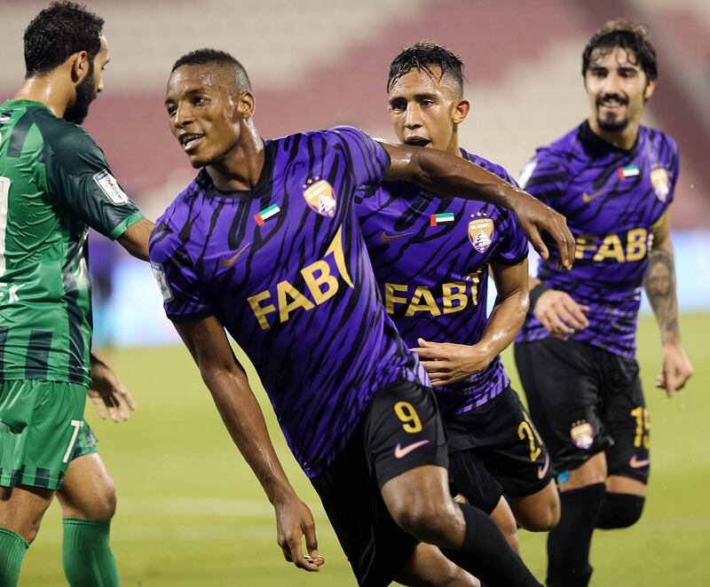 Al Ain’s Laba Kodjo celebrates his hat-trick in the Adnoc Pro League against Al Orooba at the Fujairah Stadium on September 23, 2021. Photo: Adnoc Pro League