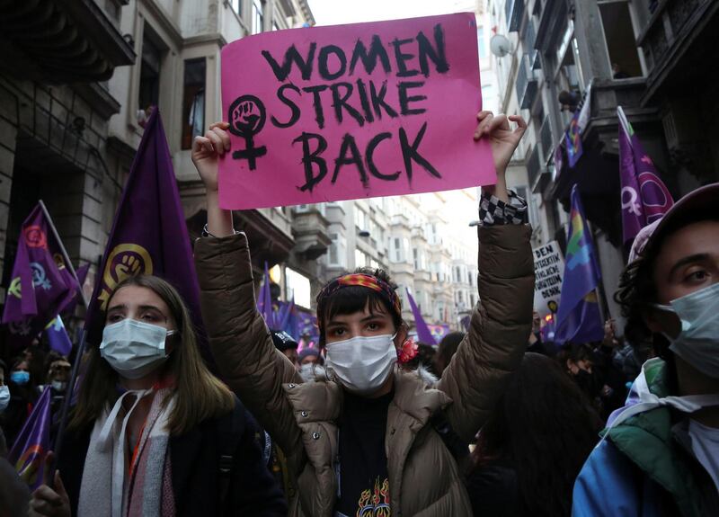 Demonstrators march during a rally to mark International Women's Day in Istanbul, Turkey March 8, 2021. REUTERS/Cansu Alkaya