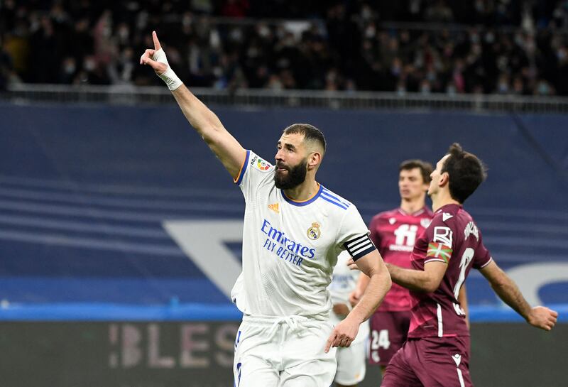 Karim Benzema celebrates after scoring for Real Madrid against Real Sociedad at the Santiago Bernabeu. AFP