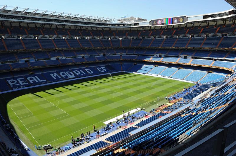(FILES) This file picture taken on May 21, 2010 shows an inside view of Real Madrid's Santiago Bernabeu stadium in Madrid. The all-Argentine Copa Libertadores final between River Plate and Boca Juniors, which was postponed after fan violence at the weekend, will be played at the Santiago Bernabeu stadium on December 9, 2018, sources close to the organization informed on November 29, 2018. / AFP / Mladen ANTONOV
