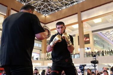 UFC Lightweight Champion Islam Makhachev takes part in an open workout before his championship fight against Alexander Volkanovski at UFC 294 in Abu Dhabi. Hilton Hotel, Abu Dhabi. Chris Whiteoak / The National