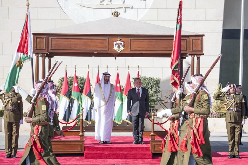 AMMAN, JORDAN - November 20, 2018: HH Sheikh Mohamed bin Zayed Al Nahyan, Crown Prince of Abu Dhabi and Deputy Supreme Commander of the UAE Armed Forces (centre L) and HM King Abdullah II, King of Jordan (centre 2nd L), stand for a National Anthem, upon arrival at Amman Civil Airport, commencing an official visit.
( Hamad Al Kaabi / Ministry of Presidential Affairs )?
---