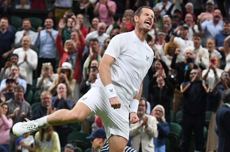 Andy Murray of Great Britain celebrates after winning in the men's first round match against James Duckworth of Australia at the Wimbledon Championships, in Wimbledon, Britain, 27 June 2022.   EPA / ANDY RAIN   EDITORIAL USE ONLY
